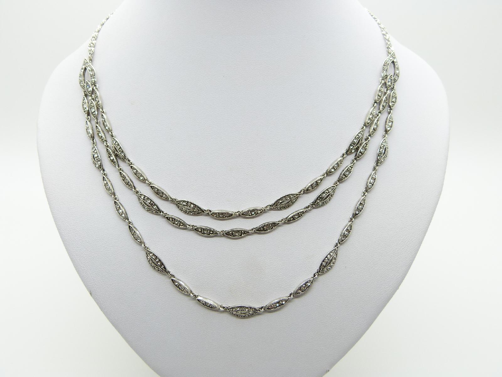 £27.00 - Unsigned Monet Three Row Diamante Silver Plated Chain Necklace Fab!