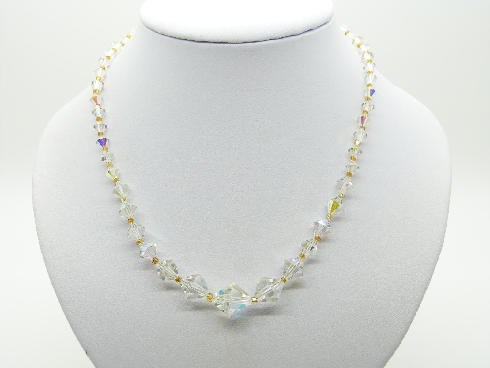 £13.00 - Vintage 50s Lovely AB Crystal Glass Bead Necklace Silver Diamante Clasp 44cms