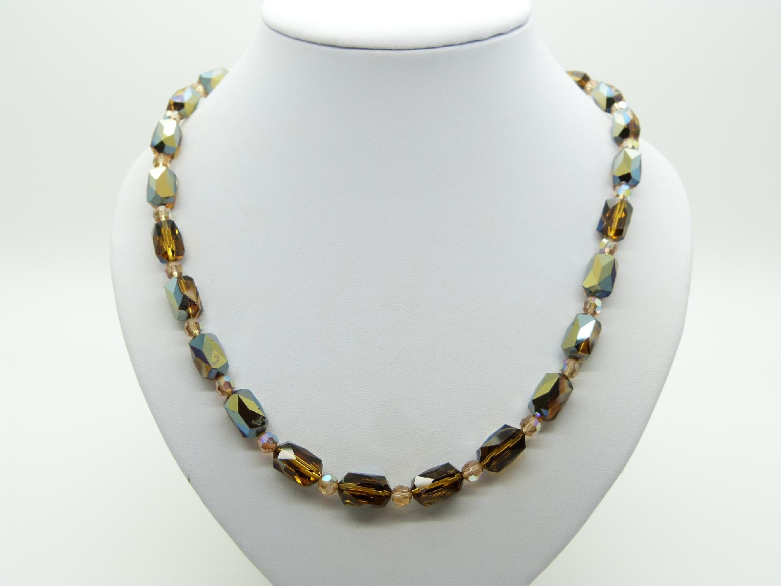 £20.00 - Vintage 50s AB Brown Crystal Glass Bead Necklace Flower Diamante Clasp 53cms Long