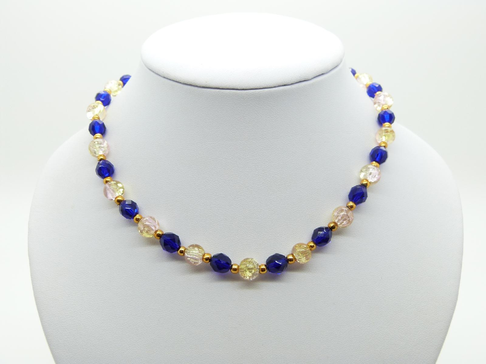 £10.00 - Vintage Redesigned Blue Glass and Crackle Bead Glass Necklace 41cms Long