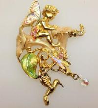 £40.00 - Signed Kirks Folly Moonflower Fairy Enamel and Crystal Pendant Brooch 