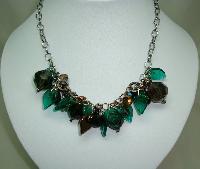 £16.00 - Signed Malissa J Green Glass Bead & Smokey Quartz Glass Charm Necklace