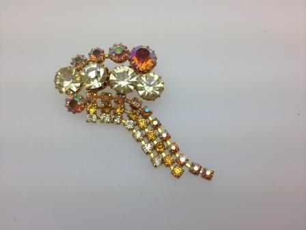 £8.00 - Vintage 50s Lemon Amber AB Diamante Dangle Goldtone Brooch 6.5cms