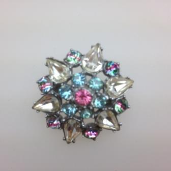£8.00 - Vintage 50s Blue Pink and Clear Diamante Paste Flower Shaped Brooch 3cms