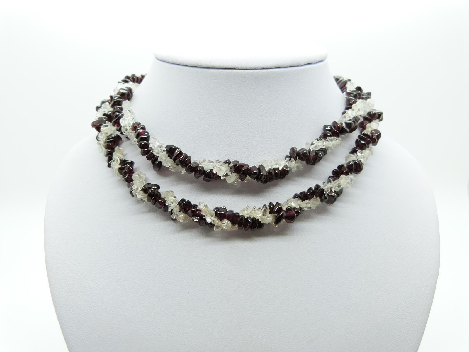 £33.00 - Vintage 80s Real Garnet and White Quartz Bead Two Row Twist Necklace 84cms