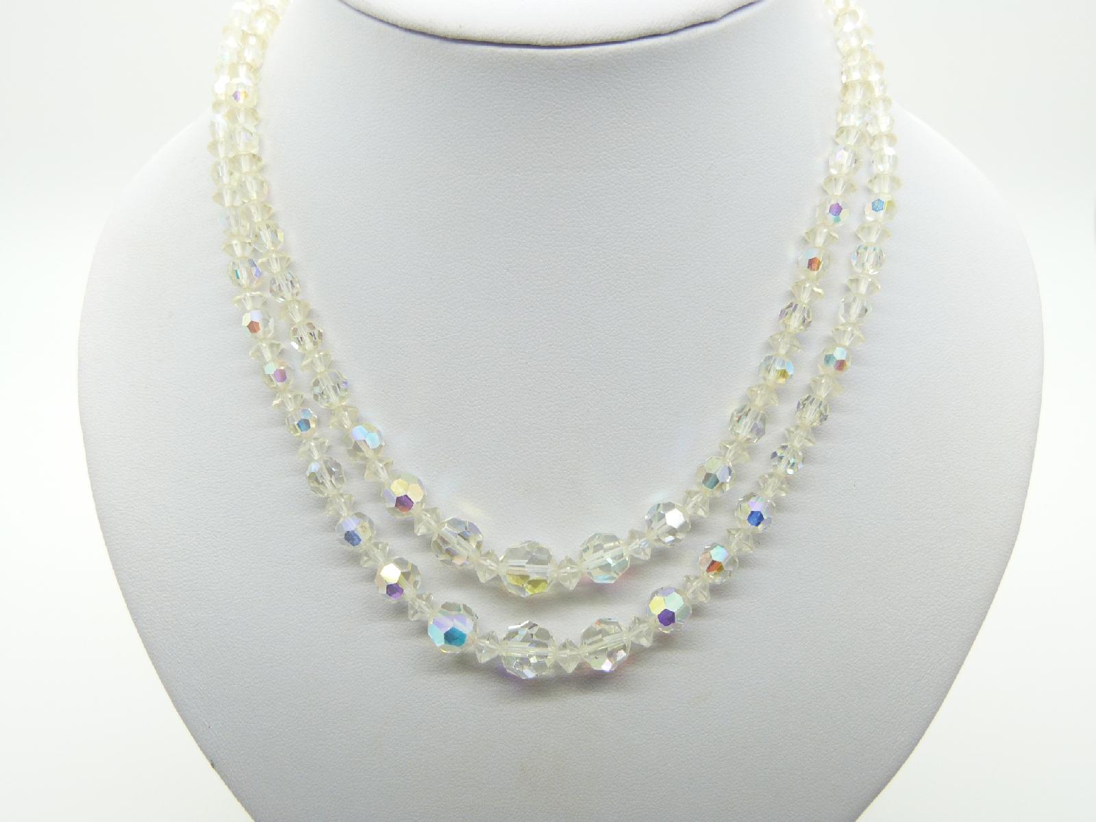 £26.00 - Vintage 50s Two Row AB Crystal Glass Bead Necklace with Diamante Ends