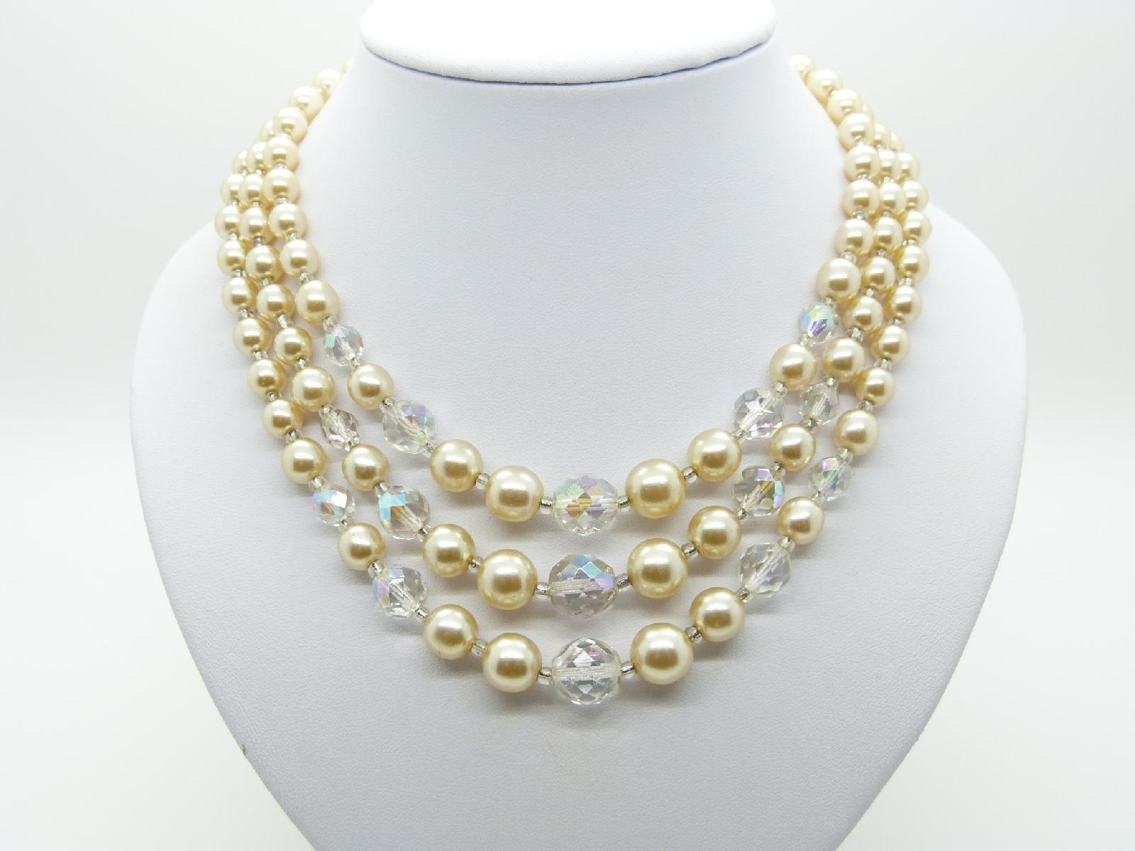 £25.00 - Vintage 50s Stunning Three Row Crystal and Faux Pearl Glass Bead Necklace