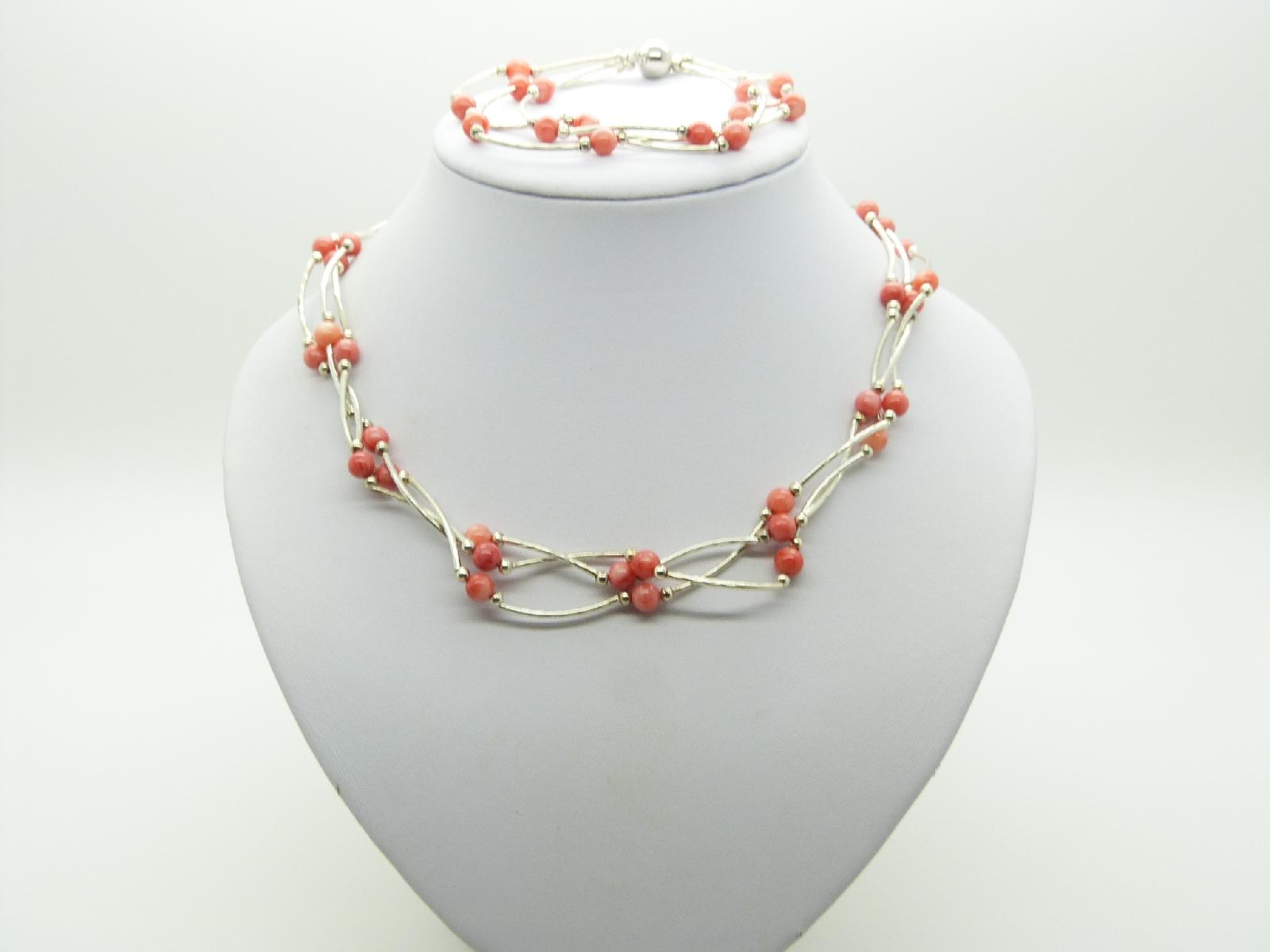 £25.00 - Magnetic Three Row Silvertone Orange Glass Bead Necklace and Bracelet Set