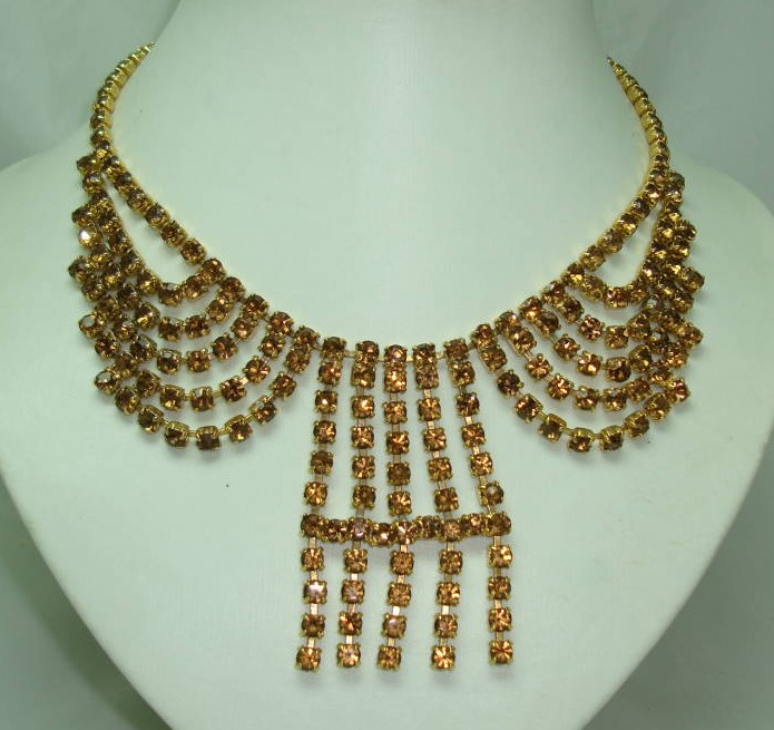 £120.00 - 1950s Glamorous Amber Citrine Diamante Cascade Tassel Drop Necklace