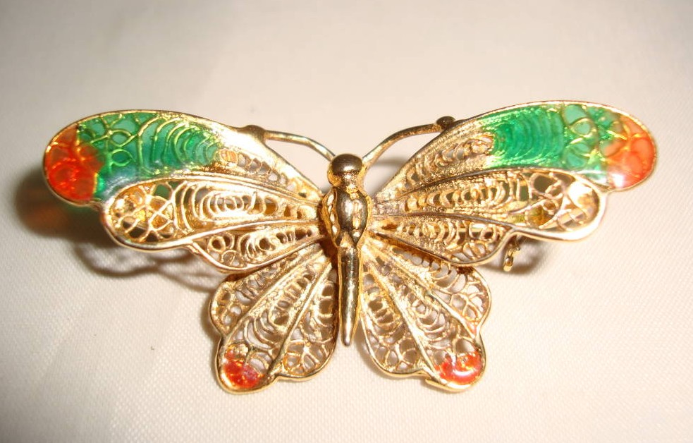 £28.00 - Vintage 80s Enamel Real Silver Vermeil Gold Butterfly Filigree Brooch