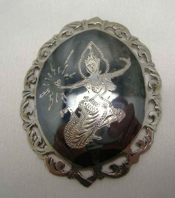 £24.00 - Vintage 50s Sterling Silver Siam Niello Dancing Girls Enamel Brooch