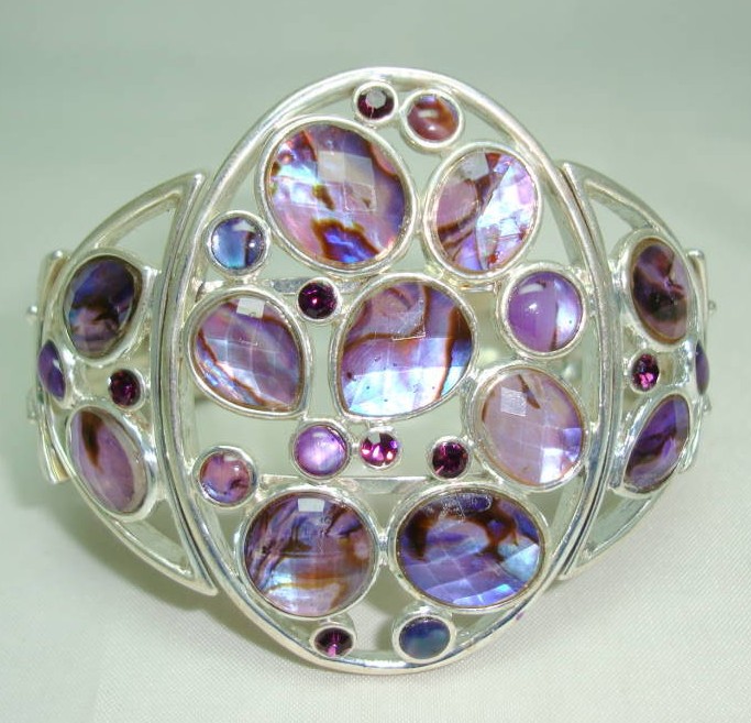 £28.00 - Vintage 50s Style Wide Purple Lucite & Diamante Silver Cuff Bracelet 