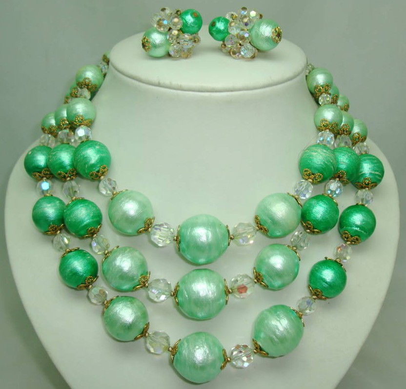 £200.00 - 50s Signed Vendome 3 Row Green Pearl  Crystal Necklace and Earrings 